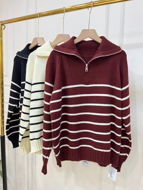 Heavy Knitted Collar Zip Stripes Pullover